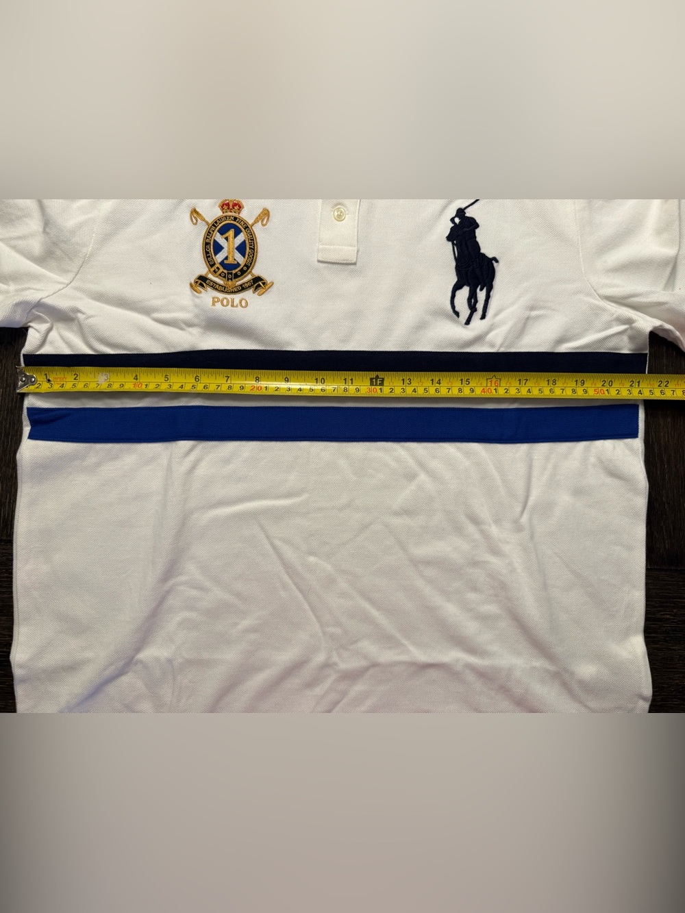 Polo Ralph Lauren Large Custom Slim Fit Big Pony Crest White Blue Rugby No. 1 - Picture 7 of 10